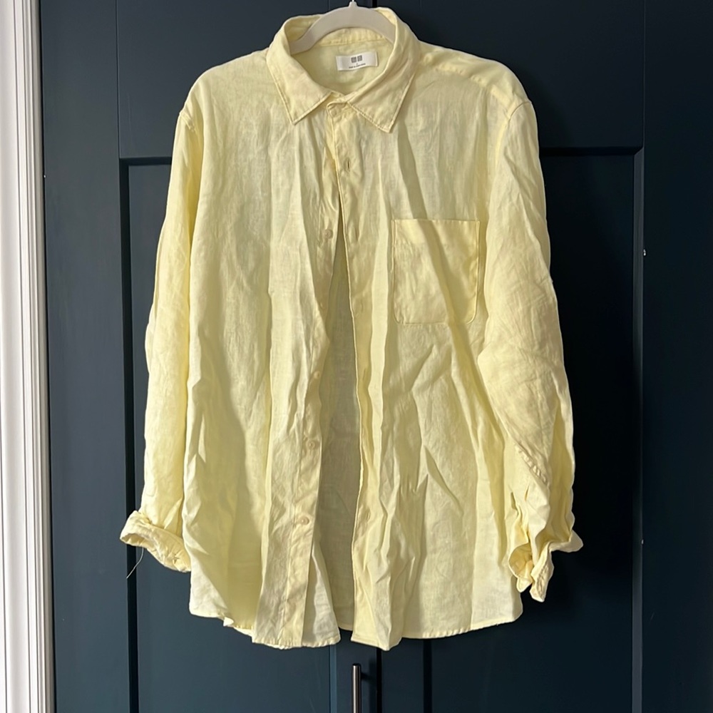 Uniqlo Yellow Linen Button Down Short, Size Large - image 2